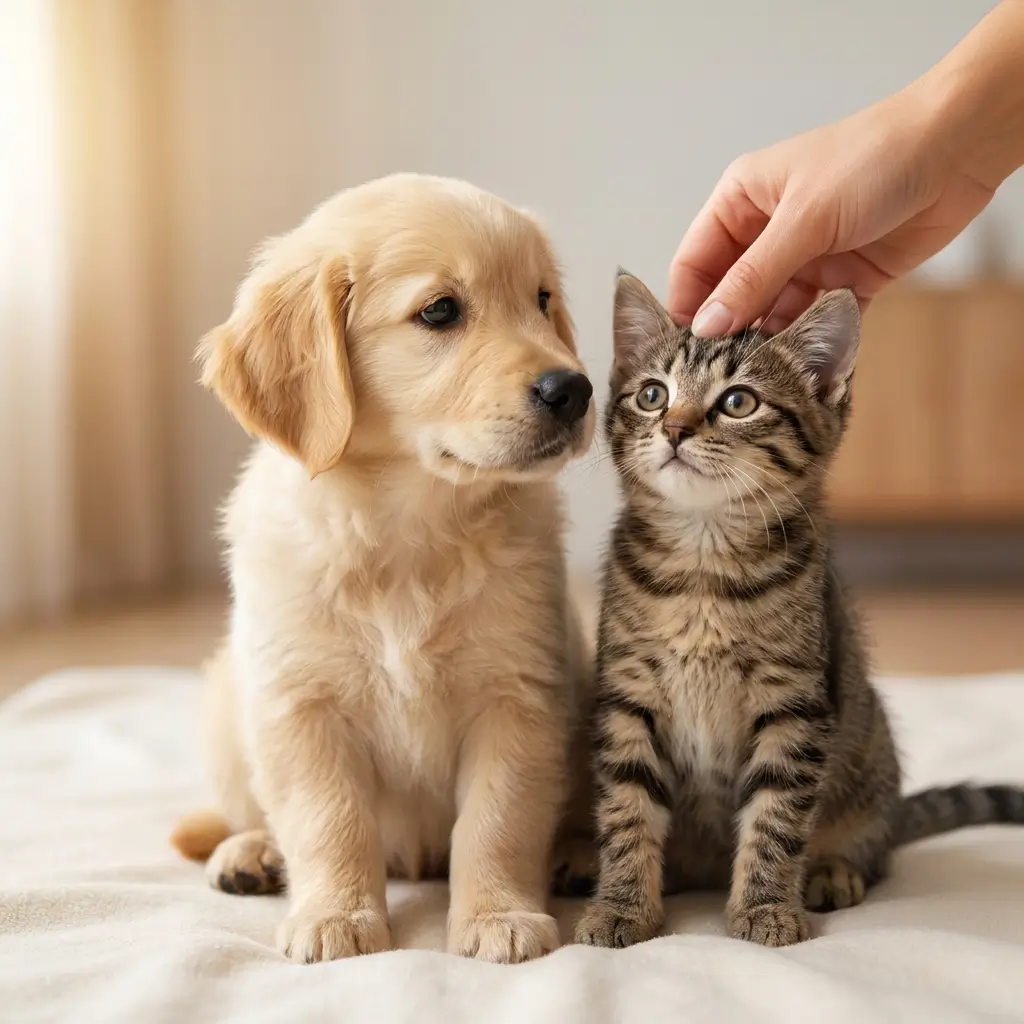 A happy dog and cat together
